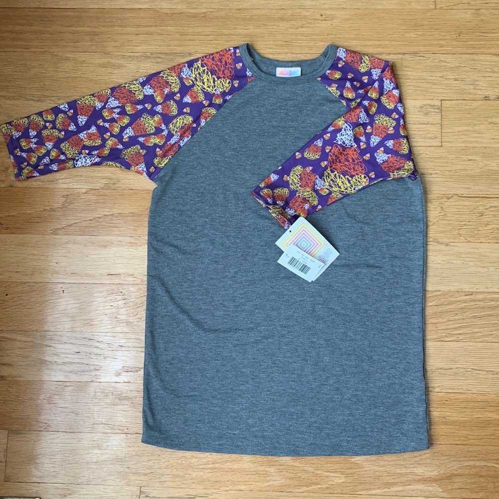Halloween Lularoe Sloan shirt, candy corn sleeves, girls 12